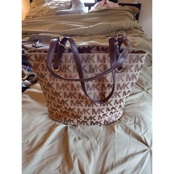 Michael Kors Tote Bag Khaki Sliver Metal "MK" Monogram Print - Picture 1 of 8